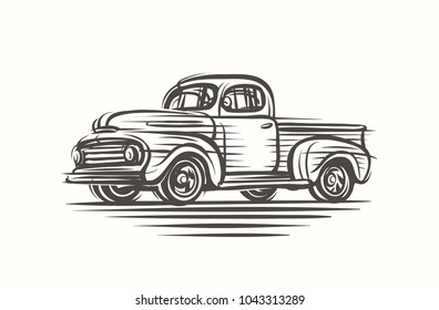 Isolated vector drawing of old retro american pickup. 