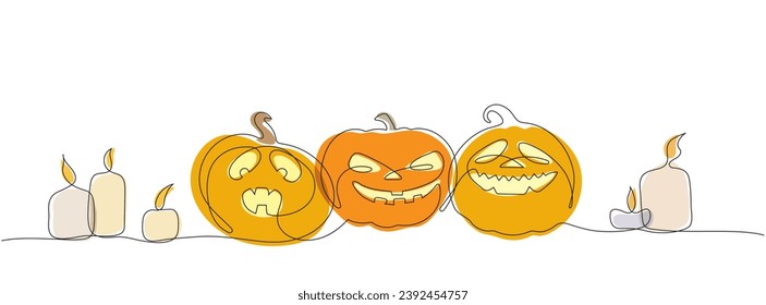 Isolated vector drawing with pumpkins and candles in one line for Halloween