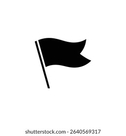 Isolated vector drawing shows a solid black waving flag icon with a pole on a plain white backdrop, symbolizing a location or a signal.