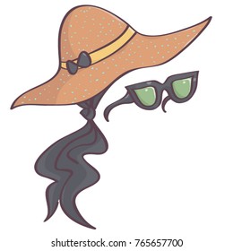 Isolated vector drawing of stylish set with black head scarf, brown dotted hat and retro sunglasses 
