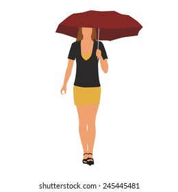 Isolated vector drawing of a young woman with umbrella