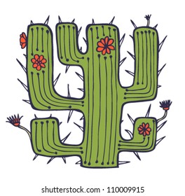 Isolated vector drawn cactus with flowers and thorns. Stylish african element. Plant of desert. Can be used for print on pocket, cup, souvenir, bag template. clothes