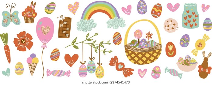 elementos vectoriales aislados de Pascua, huevos de Pascua, flores de primavera, canasta de Pascua, zanahoria, conejo de chocolate, arcoíris, caricatura infantil de primavera, decoración de recién nacidos de guardería de primavera natación ducha de bebé