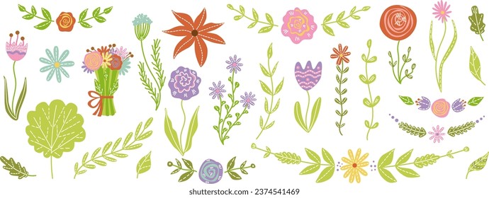 isolated vector easter floral elements, easter borders, spring flowers, floral frames, childish spring cartoon clipart greeting card design, cute kids newborn nursery decor spring birthday baby shower