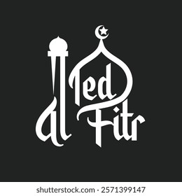 Isolated vector Eid al-Fitr logo on black background, featuring Islamic elements such as crescent moon, star, mosque and calligraphy, perfect for modern and elegant designs.