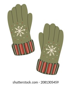 Isolated vector element. Cozy gloves. Warm gloves. Сlothing store. Color image on a white background. The print is used for packaging design.