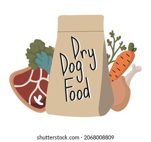 Isolated vector element. Packaging with dry dog food. Ingredients for dry food. Color image on a white background. The print is used for packaging design. 