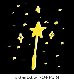 An isolated vector element is the silhouette of a magic wand with a star on the end and sparkling with dots and stars of a bright yellow color on a black background. a magic element for a design 