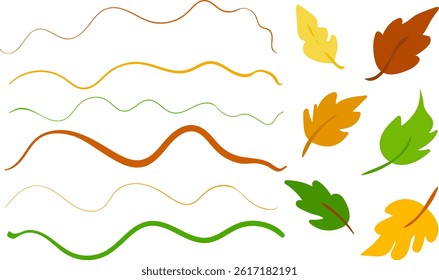 isolated vector elements autumn leaves and wavy lines, simple flat design fall colors, decorative set seasonal graphics, abstract foliage and flowing shapes, natural organic