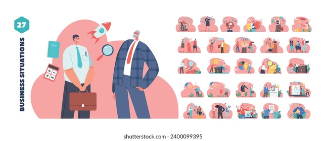 Elementos vectoriales aislados con gente de negocios en diversas situaciones. Trabajadores calificados, experiencia en posesión, integridad