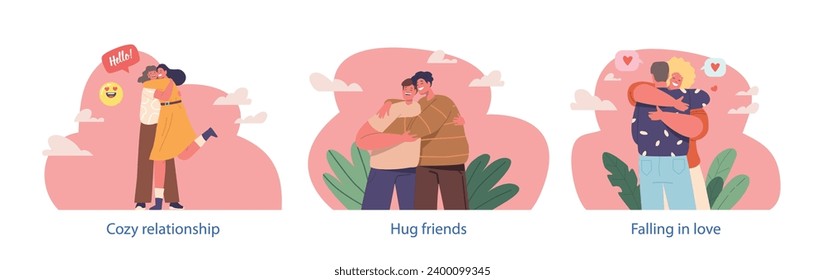 Isolated Vector Elements with Cartoon Characters In A Warm Embrace, Hearts Synchronize As People Hug Tightly