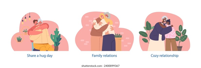 Isolated Vector Elements with Cartoon Characters Embrace Their Elderly Mothers Tightly, People Expressing Love