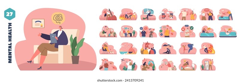 Isolated Vector Elements with Cartoon Characters Perform Mental Health Scenes, Refer To A Persons Emotional Well-being