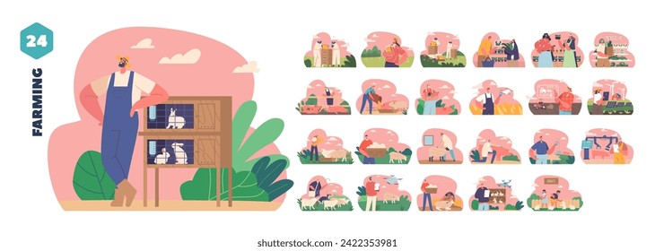 Isolated Vector Elements With Cartoon Farmer Characters. People Use Innovative Technology For Farming