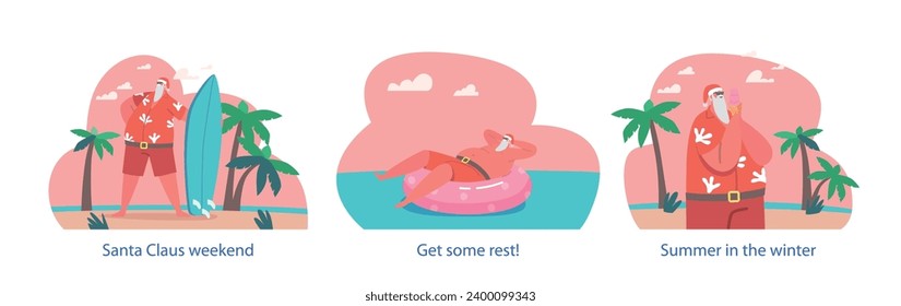 Isolated Vector Elements With Cartoon Santa Claus On Summer Vacation. Christmas Character Traveling To Tropical Resort