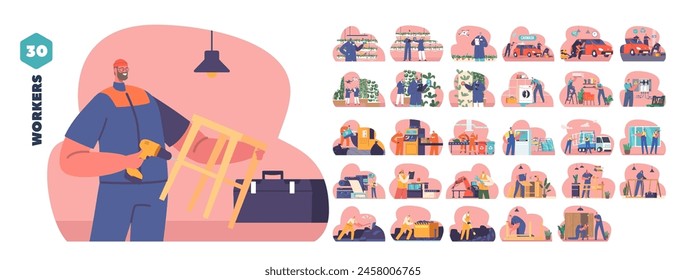 Isolated Vector Elements With Cartoon Workers Characters In Different Professions, Farming, Car Washing, Coal Mining