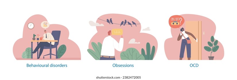 Isolated Vector Elements With Character Suffer of Obsessive-compulsive Disorder, Ocd. People Arrange Pencils On Desk