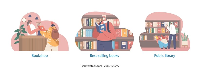Isolated Vector Elements with Characters Engrossed In Reading, Studying, And Researching In The Serene Public Library