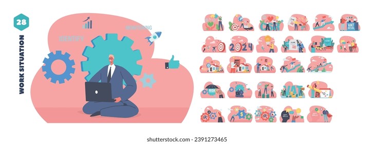 Isolated Vector Elements With Characters Perform Risk Management Scenes. Systematic Process Of Identifying, Assessing