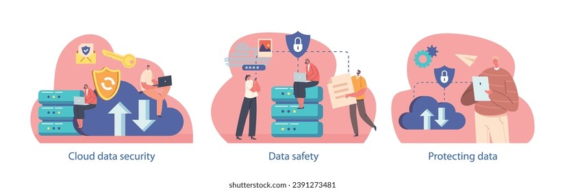 Isolated Vector Elements With Characters Perform Cloud Data Safety Scenes, Ensure Secure Storage, Encryption, And Backup