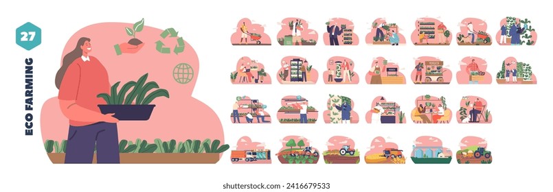 Isolated Vector Elements With Characters Perform Eco Farming Scenes And Cultivation Stages. Soil Plowing, Watering