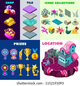 Isolated vector elements for computer game. 3d isometric building on island. Collection icons landscape design, prizes, rewards, winner cups, trophy, money, rosette awards, tiles, chests.