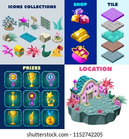 Isolated vector elements for computer game. 3d isometric building on island. Collection icons landscape design, prizes, rewards, winner cups, trophy, money, rosette awards, tiles, chests.