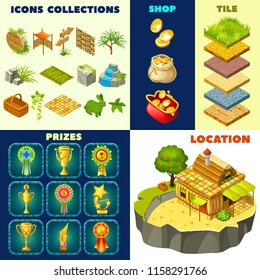 Isolated vector elements for computer game. 3d isometric straw building on island. Collection icons landscape design, prizes, rewards, winner cups, trophy, money, rosette awards, tiles.