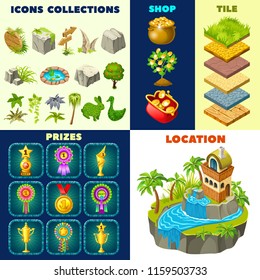 Isolated vector elements for computer game. 3d isometric tower on island. Collection icons landscape design, prizes, rewards, winner cups, trophy, money, rosette awards, tiles.