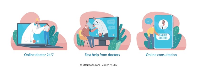 Elementos Vectoriales Aislados Con Escenas De Medicina En Línea Distantes, Tecnologías Médicas Inteligentes. Médicos y Pacientes