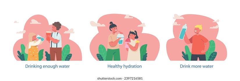 Isolated Vector Elements With Energetic Kids Characters Happily Sip Water, Emphasizing The Importance Of Hydration