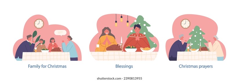 Isolated Vector Elements with Family Characters Gathered Around Festive Table, Share A Christmas Prayer, Hearts United