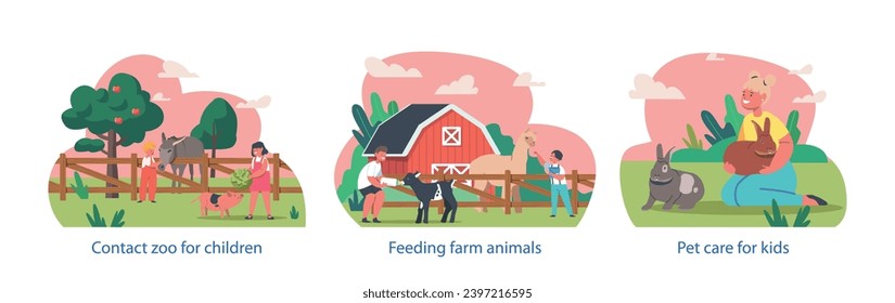 Isolated Vector Elements With Joyful Kids Characters Giggling As They Feed Animals In A Lively Petting Zoo