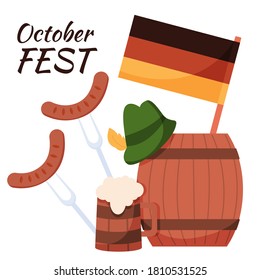 Isolated vector elements for oktober fest: beer barrel, beer mug, sausage, feather hat and flag of Germany. Vector flat illustration.