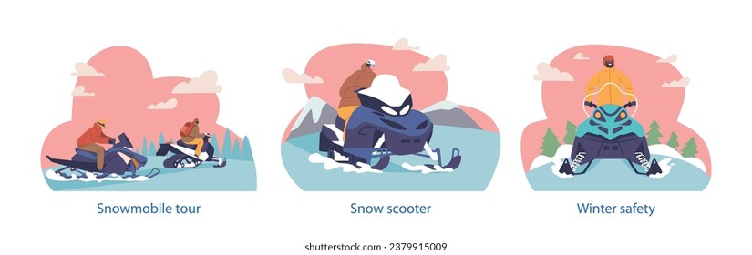 Isolated Vector Elements With Snowmobile Drivers, Fearless Navigators Of Winter Wonderlands, . Vector Illustration