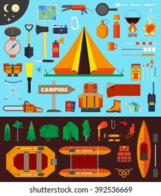 Isolated vector elements for travel and camping infographics. Including raft and kayak boats and life saving tools