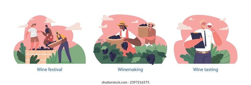 Isolated Vector Elements with Winemakers Produce Wine. Manual Winemaking Involves Hand-harvesting Grapes, Crushing