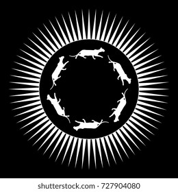 Isolated vector emblem with ring of sneaking cats inside sun rays frame. Round silhouetted image. Clockwise movement. White on black background.