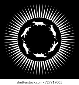 Isolated vector emblem with ring of sneaking cats inside sun rays frame. Round silhouetted image. Counter clockwise movement. White on black background.
