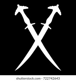 Isolated vector emblem with silhouette of two crossed ancient daggers. Stylized letter "X". White on black background.