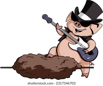 Einziger Vektor-EPS-Cartoon-Rockstar-Schwein mit gebratener Gitarre
