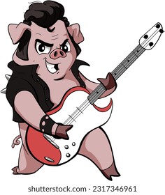 Isolated vector EPS Cartoon rockstar pig playing guitar
