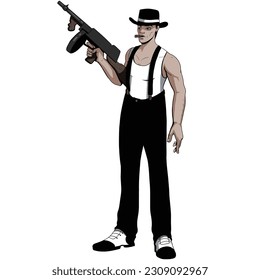 Isolated vector EPS Cartoon semi realistic mobster character with tommy gun 
