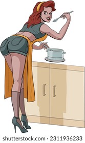 Isolated vector EPS of  Cartoon semi realistic pin up housewife cooking
