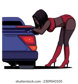Isolierte Vektorgrafik EPS Semi realistische Karikatur schwarze Mädchenprostitution spricht mit jemandem im Auto 