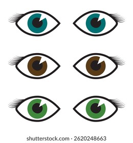 Isolated vector eyes with eyelashes in various colors - blue, green, and brown - with light reflecting in the pupils,