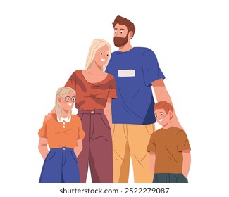 Isolated vector family standing. Mother and father, son and daughter photo. Image of mom and child, parent and kid together. Woman and man with children. Happy character posing. Partner couple