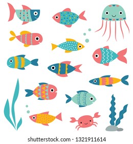 Isolated vector fishes, cartoon elements set