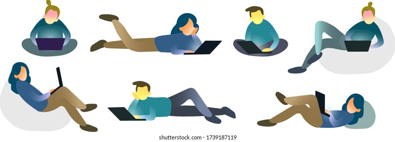 Isolated vector flat illustration of characters with notebook. Collection of office person working at home. Online education, studying indoors.