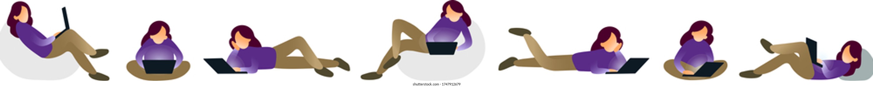 Isolated vector flat illustration of characters with notebook. Collection of office person working at home. Online education, studying indoors.